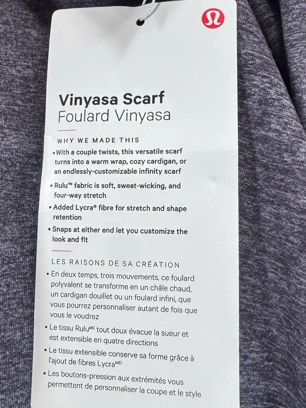 NWT Lululemon Vinyasa Scarf Rulu Heathered Gray Convertible Wrap OS